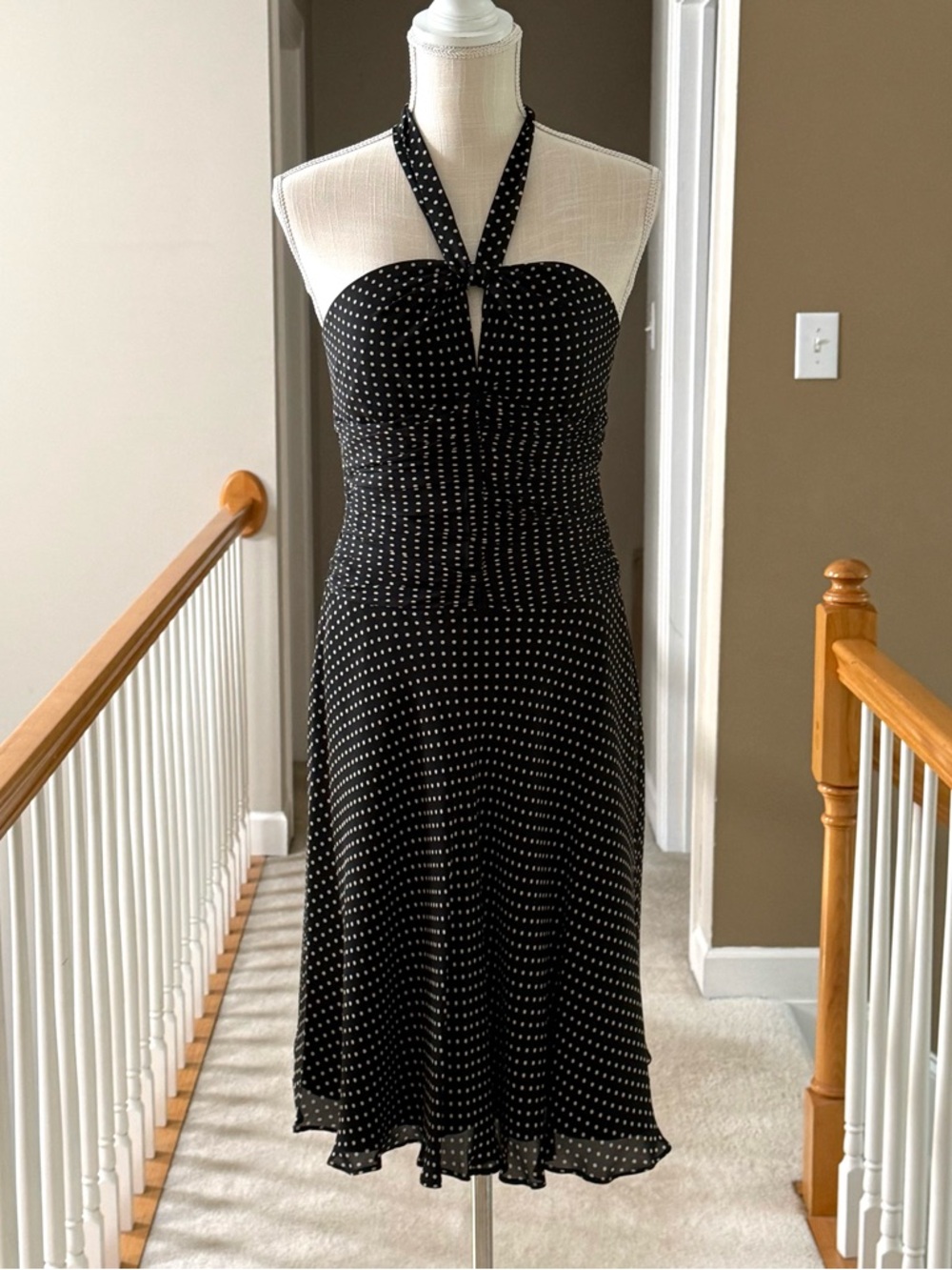 Donna Ricco Black Cream Polka Dot Halter Ruched Midi Dress Size 4
